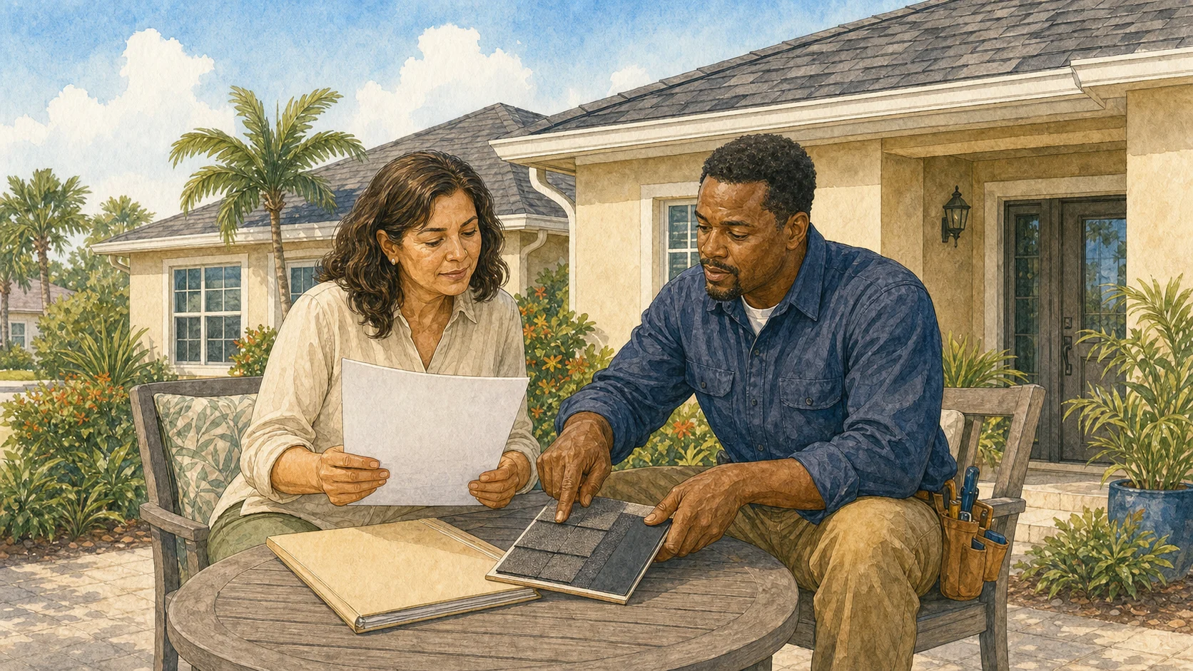 A Florida homeowner and roofer review an estimate and roofing-material samples before signing