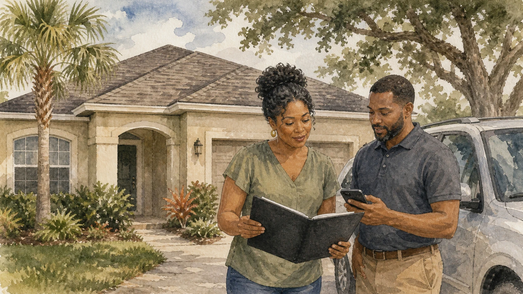 A Jacksonville homeowner and roofing project manager review roof closeout papers